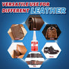 A bottle of instant adhesive glue is shown with various leather items like a wallet, jacket, shoes, and belt.
