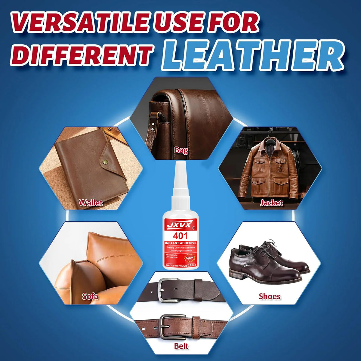 A bottle of instant adhesive glue is shown with various leather items like a wallet, jacket, shoes, and belt.