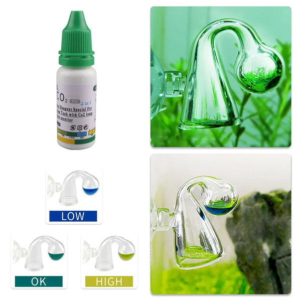 A set of liquid solutions for testing aquarium CO2 levels, including LOW, OK, and HIGH indicators.