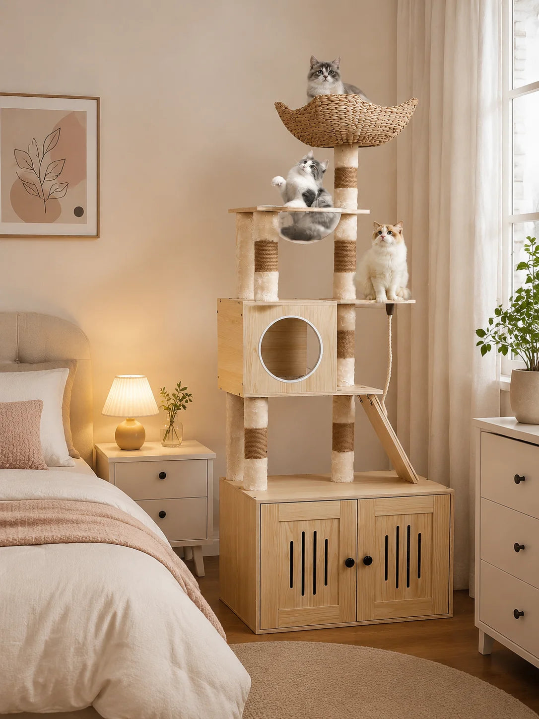 A wooden cat tree with a litter box enclosure and storage cabinet, featuring natural fibers and a cat sitting on the top perc