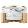 Marbled ceramic double pet bowl set with a silver rim and wooden stand