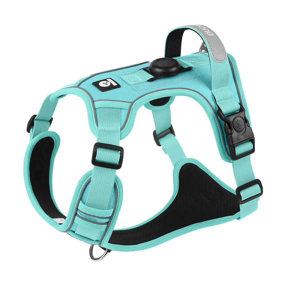 A teal dog harness with a black Airtag holder and leash set is shown against a white background.