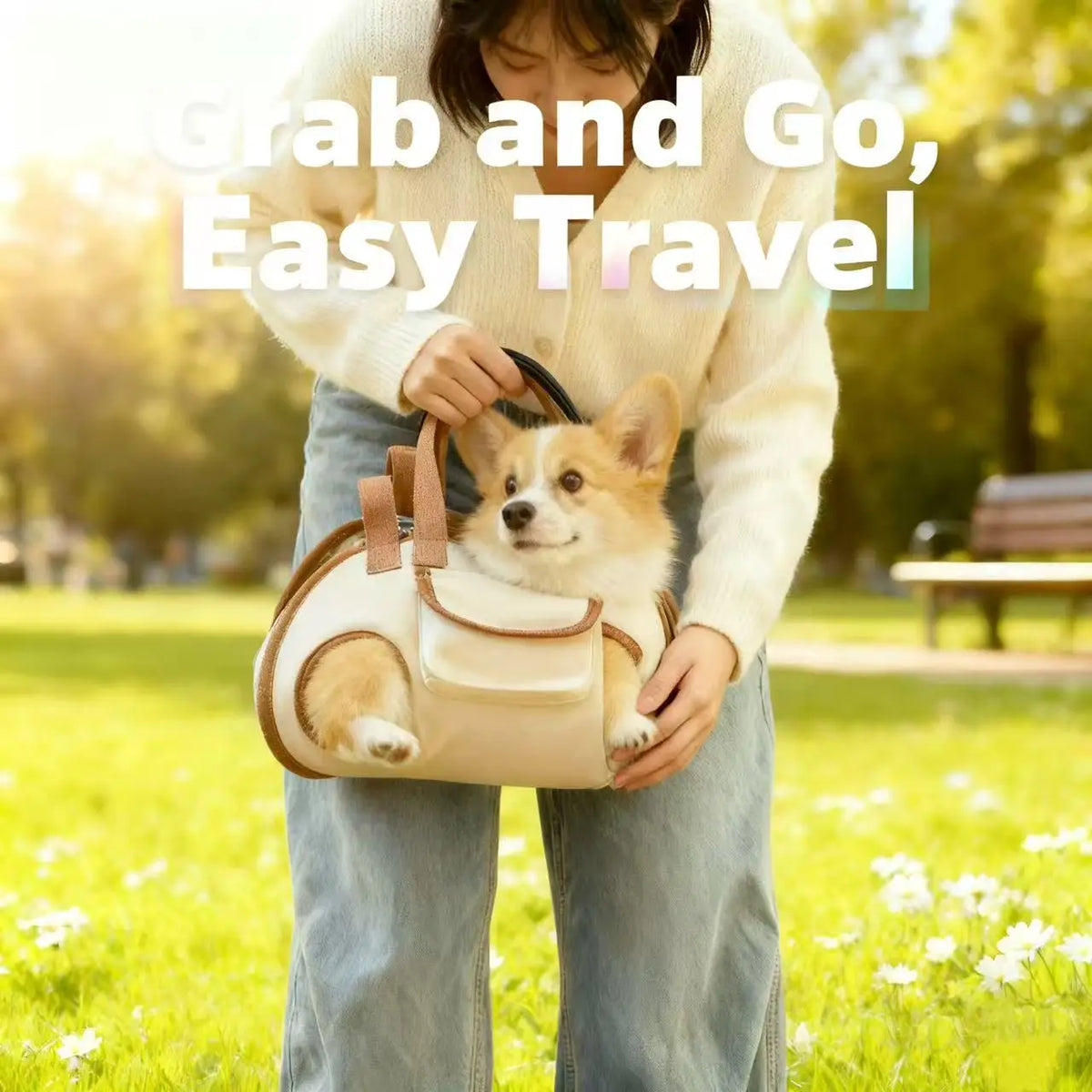 A person is holding a beige breathable dog sling carrier for small pets while standing in a grassy park.