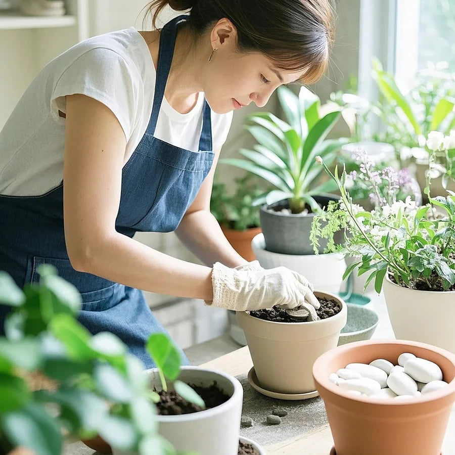 A woman is potting plants using natural white polished pebbles in a terracotta pot.