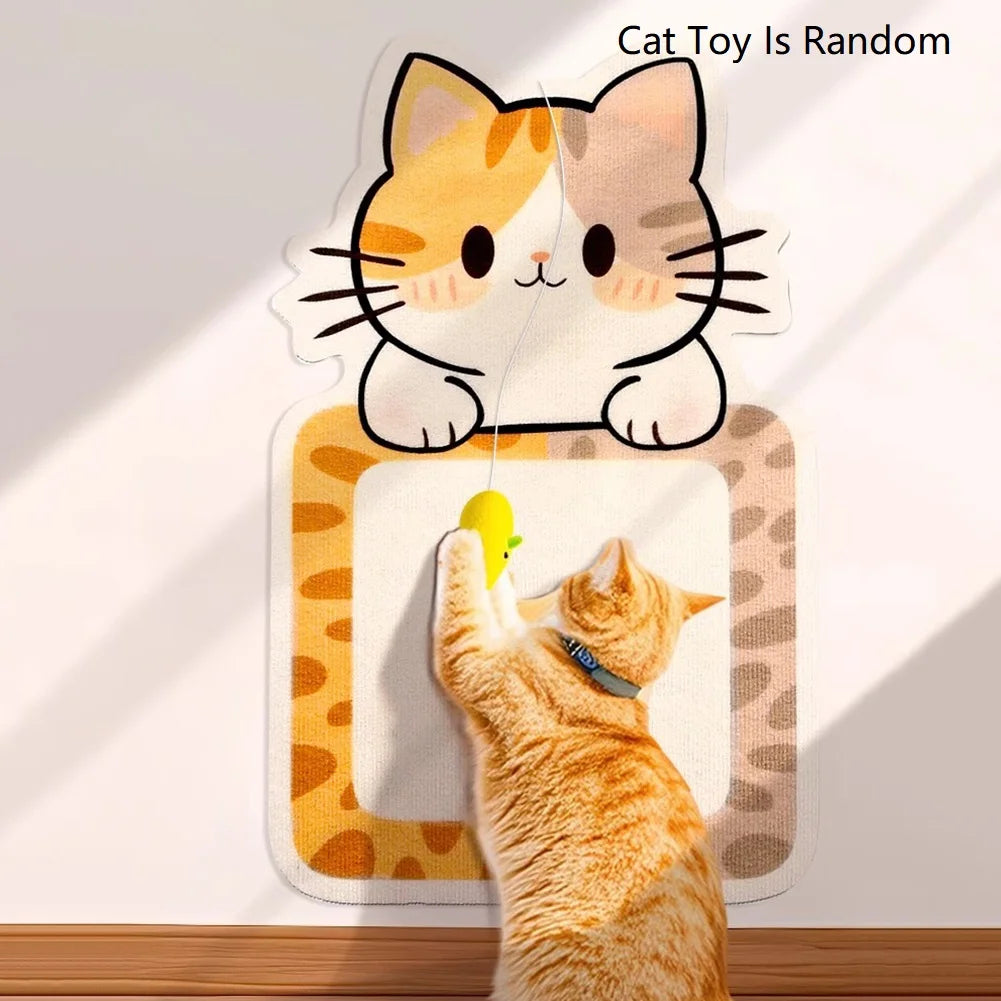A cat toy is randomly attached to a self-adhesive wall-mounted cat scratcher featuring a cartoon cat.