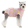 A small dog wearing a pink post-surgery recovery suit with yellow patterns.
