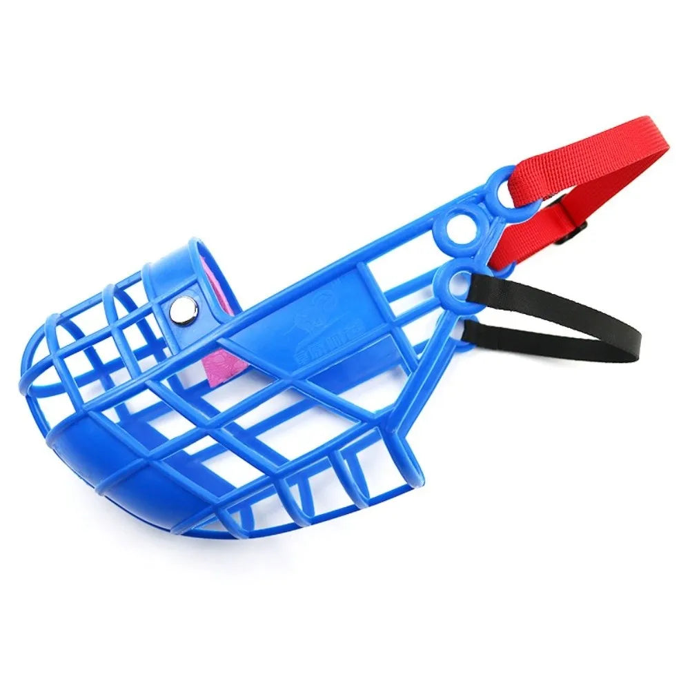 Blue adjustable bite-resistant dog muzzle with red strap and breathable fit