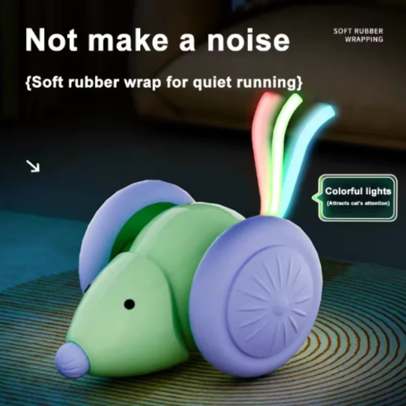 A purple and green rotating cat toy with colorful lights is shown on a surface.
