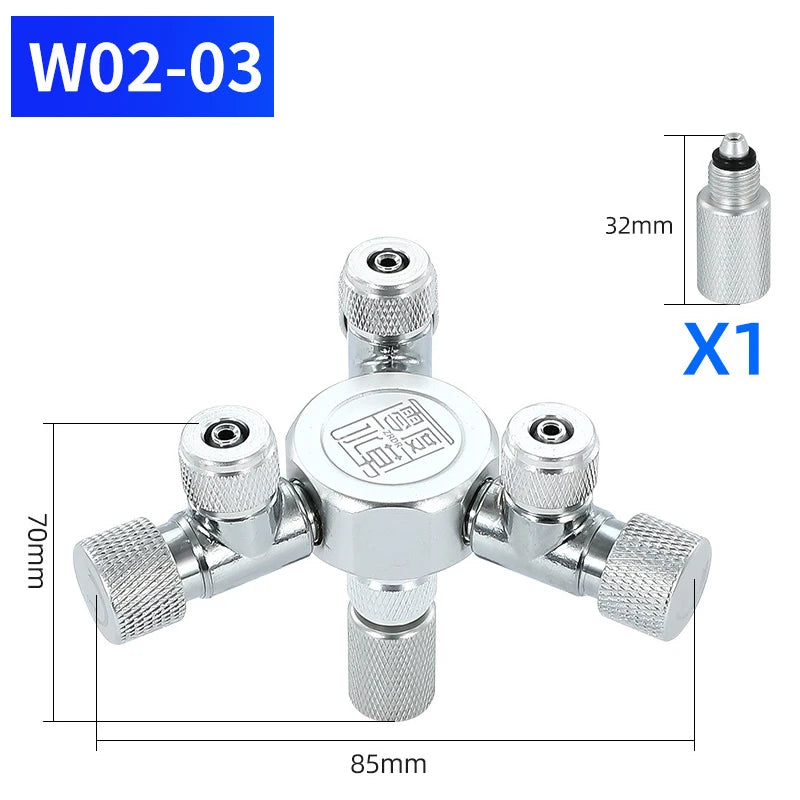 Silberner Mehrkanal-CO2-Splitter mit 32-mm-Gewindeverbindung und 85-mm-Länge