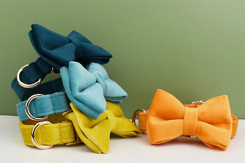 A set of luxury velvet adjustable dog collar and leash with matching bow ties in navy blue, teal, and yellow.
