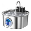 A stainless steel pet water fountain with a sensor flow mechanism is shown pouring water into the basin.
