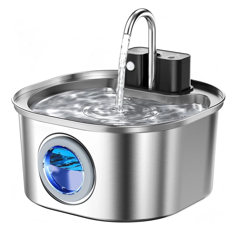 A stainless steel pet water fountain with a sensor flow mechanism is shown pouring water into the basin.