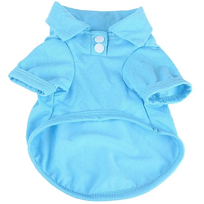Light blue classic polo shirt for a small dog, featuring a collar and buttons.