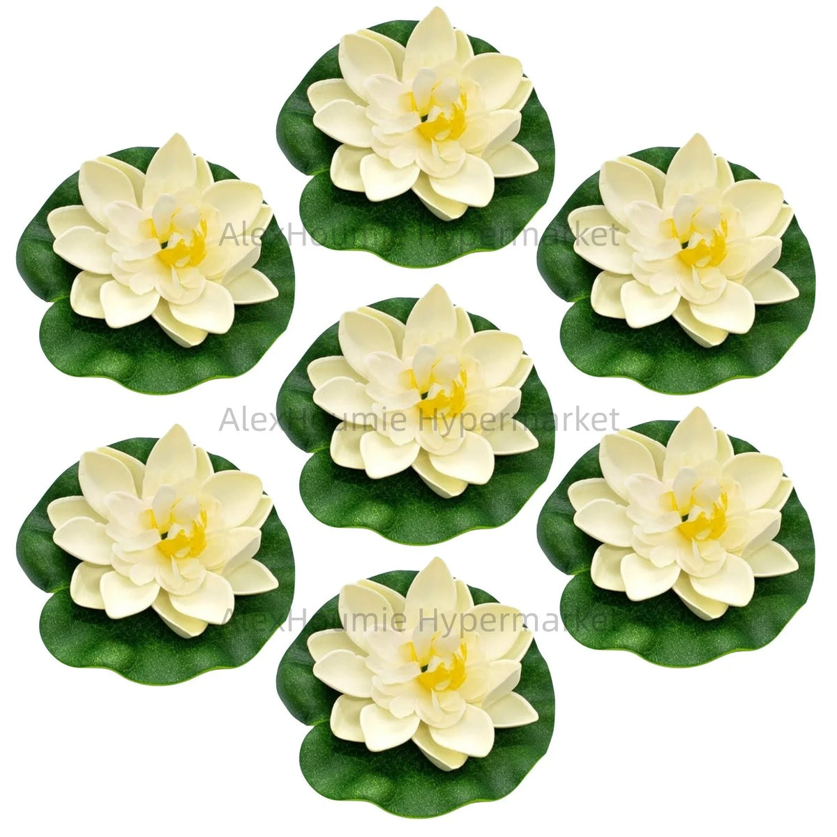 A set of seven white lotus flowers resting on green water lily pads.