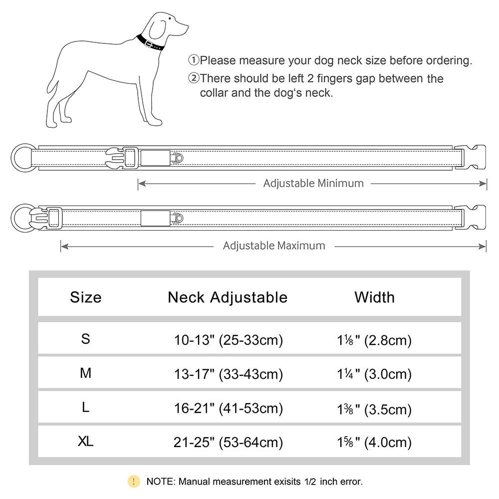 Diagram showing measurements for dog collar sizes S through XL, including neck adjustability and width.