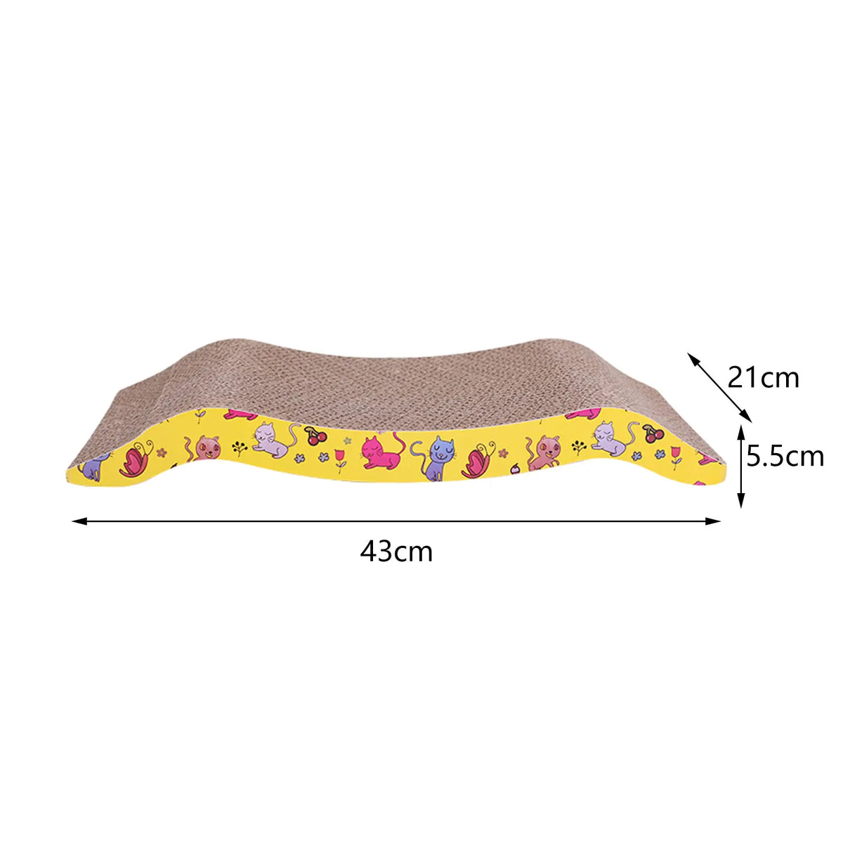 A beige cardboard cat scratcher lounge bed with a yellow patterned trim, measuring 43cm long and 21cm high.