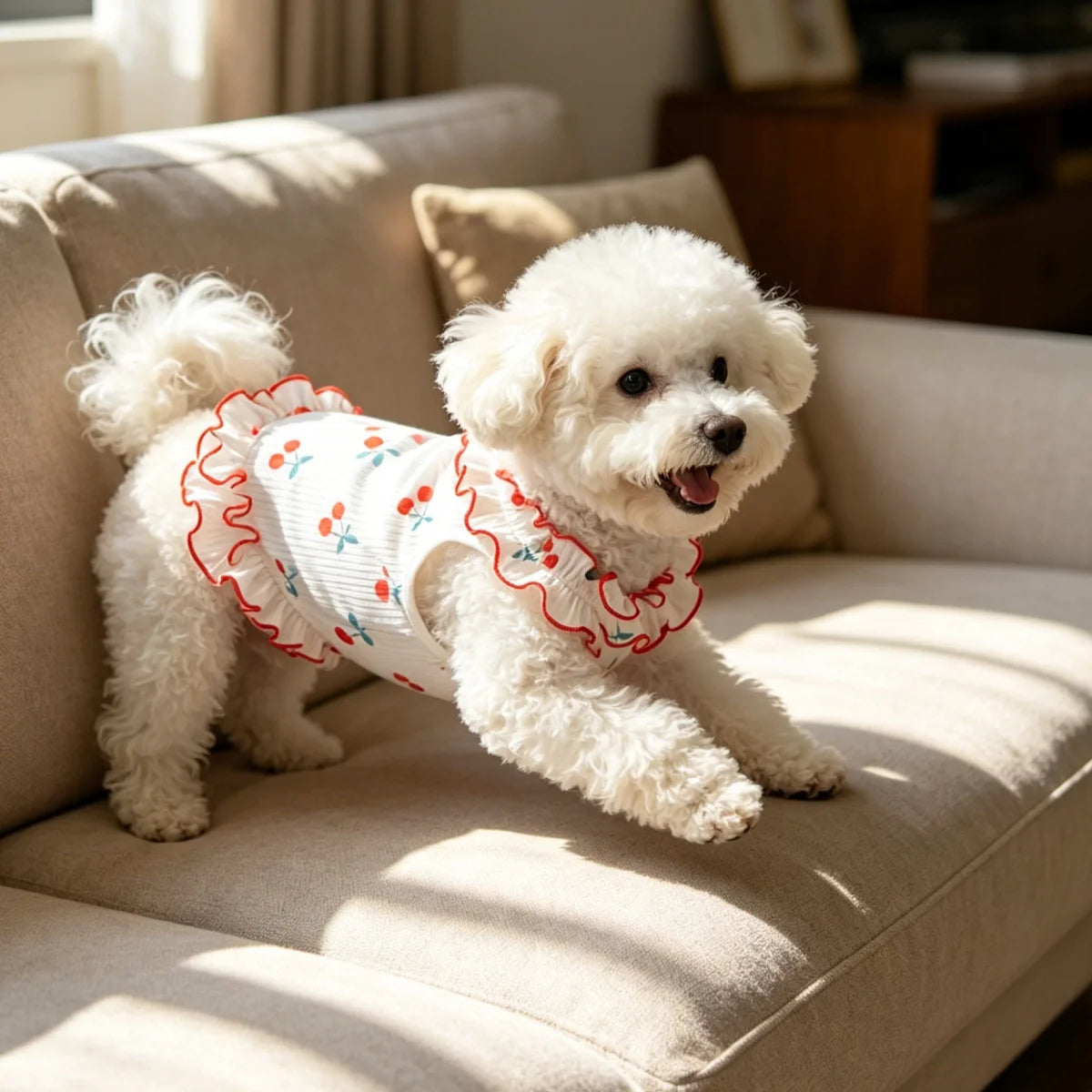 Ein flauschiger weißer Hund in einem roten Rüschenkleid auf einem hellen Sofa.