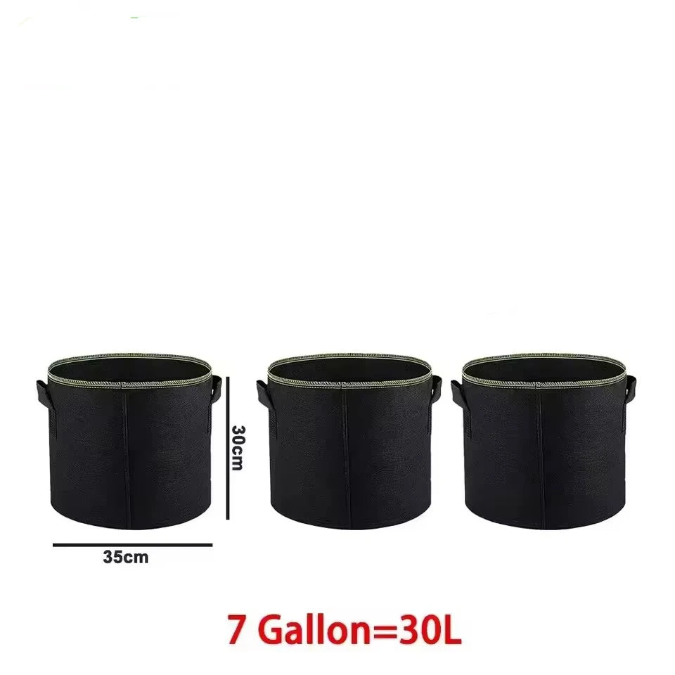 Black non-woven aeration grow bags with handles, measuring 35cm in diameter and 30cm high.
