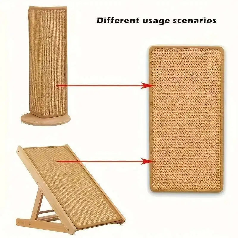 A set of natural beige hemp rope cat scratching boards shown in different usage scenarios.