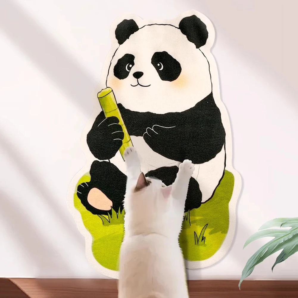 A white cat is holding a yellow toy while sitting in front of a wall-mounted panda scratcher.