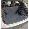 A black waterproof cargo liner for a vehicle, shown inside the trunk with seat covers installed.