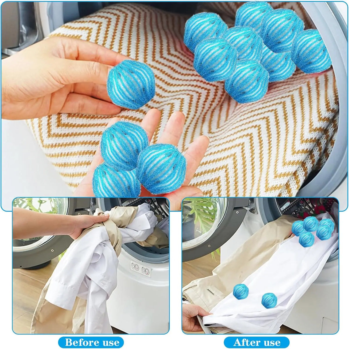Hands demonstrate reusable lint filter balls used before and after laundry