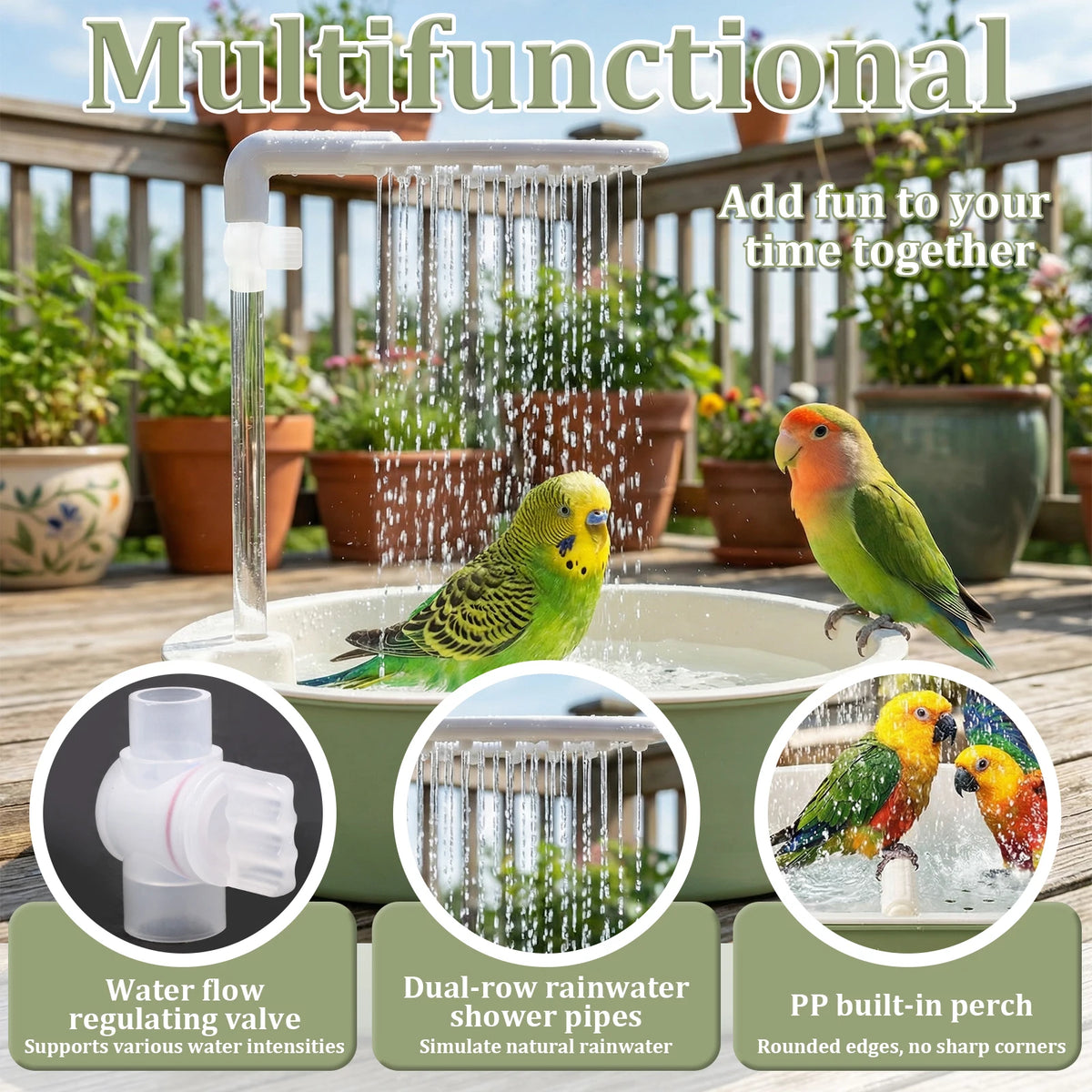 Multifunctional bird bath featuring dual-row shower pipes for natural rainwater simulation.