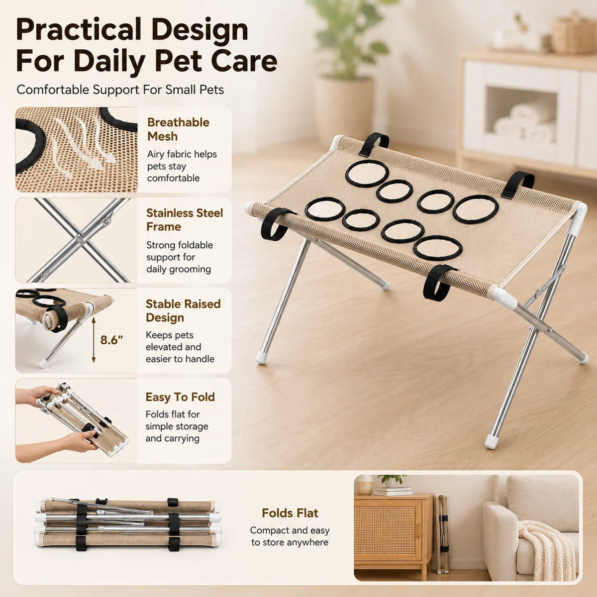 Foldable Pet Grooming Hammock Stand for Cats and Small Dogs