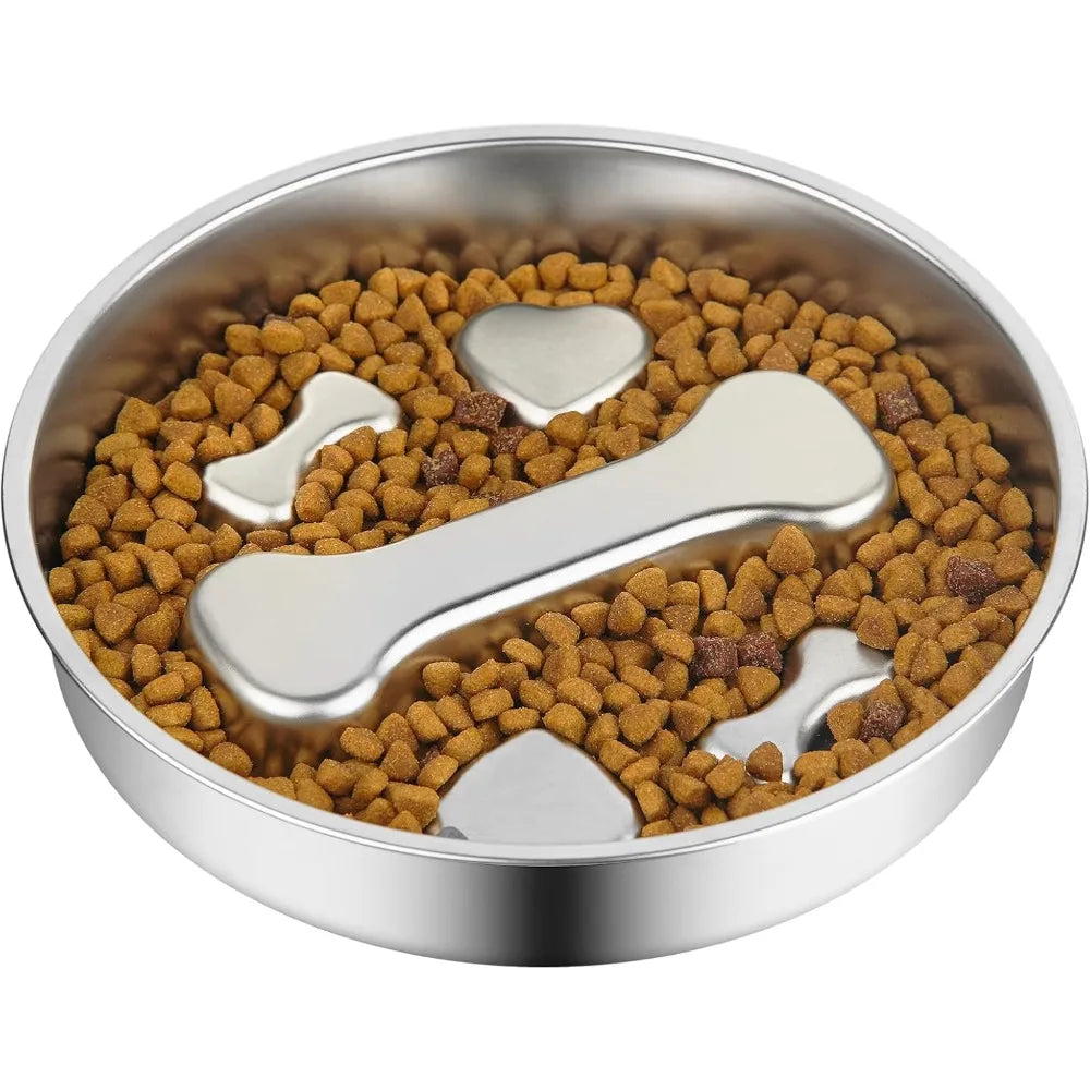 Stainless steel dog bowl filled with dry kibble and featuring a bone-shaped insert