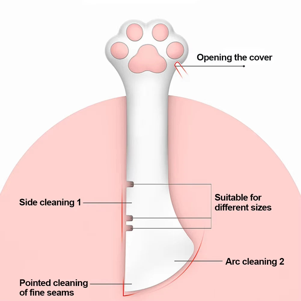 A white silicone cat paw opener tool showing various cleaning functions like opening a cover, side cleaning, arc cleaning, an