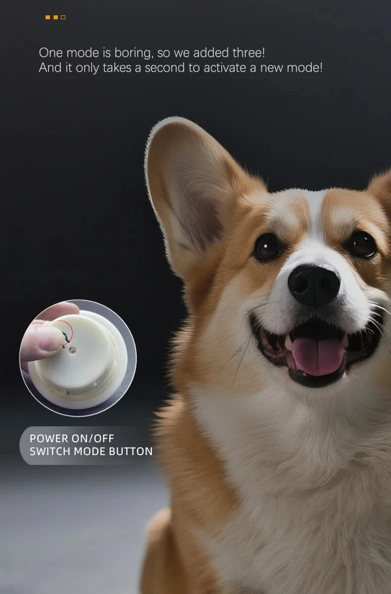 A happy Shiba Inu dog looking at the camera with an open mouth, next to a round white button labeled Power On/Off Switch Mode