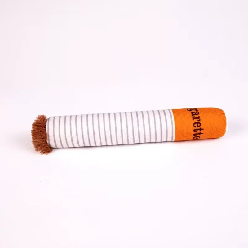 An orange and white striped cigarette-shaped squeaky dog chew toy.