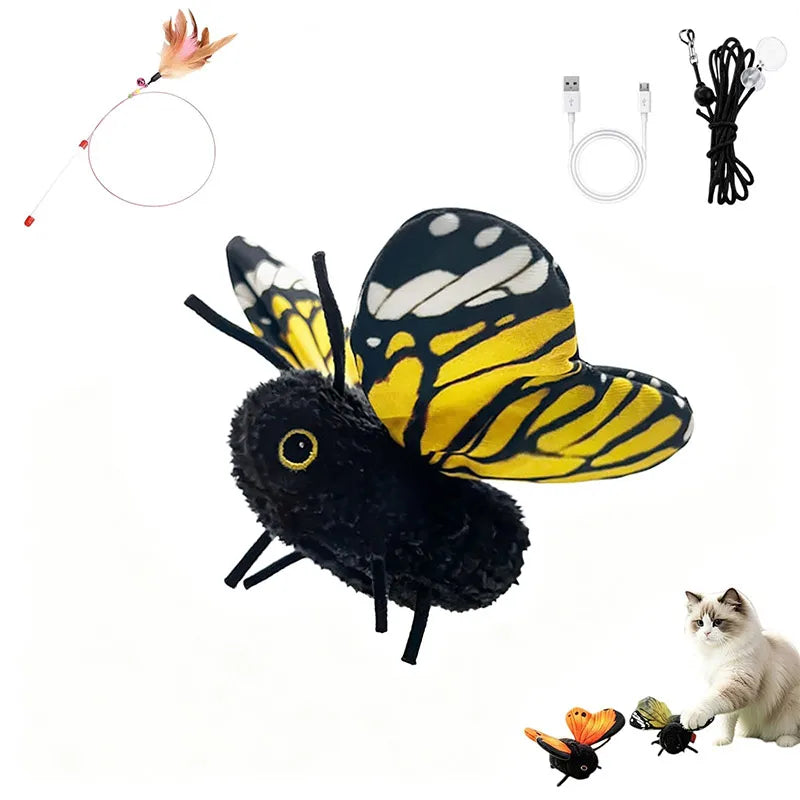 A black and yellow butterfly toy is shown with a cat, demonstrating motion-activated fluttering.