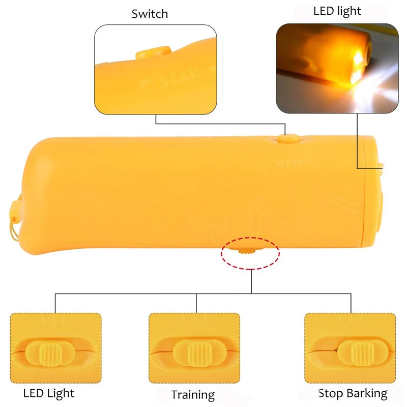 Geliches Ultraschall-Hundbell-Abwehrmittelgerät mit Schalter und LED-Lichtfunktionen.