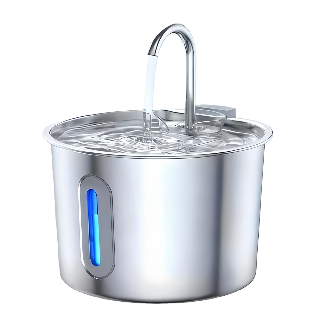 Stainless steel automatic cat water fountain with a silver bowl and a metal drinking spout