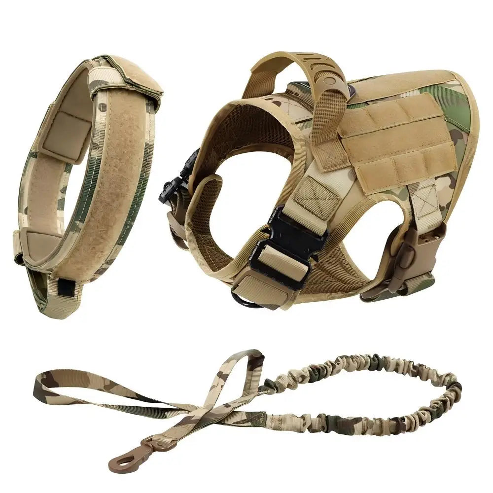 A tan tactical dog harness with a MOLLE system and leash attachments shown in various views.
