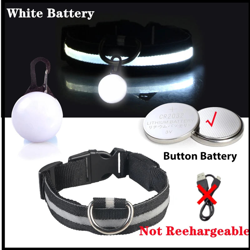White battery and button battery components for a rechargeable LED dog collar with safety pendant