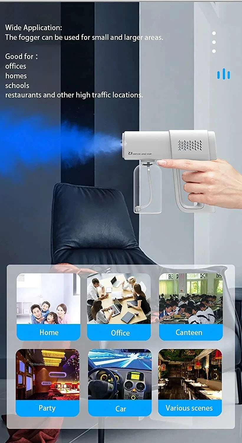 A hand holds a portable nano steam sprayer emitting a blue mist in an indoor setting.