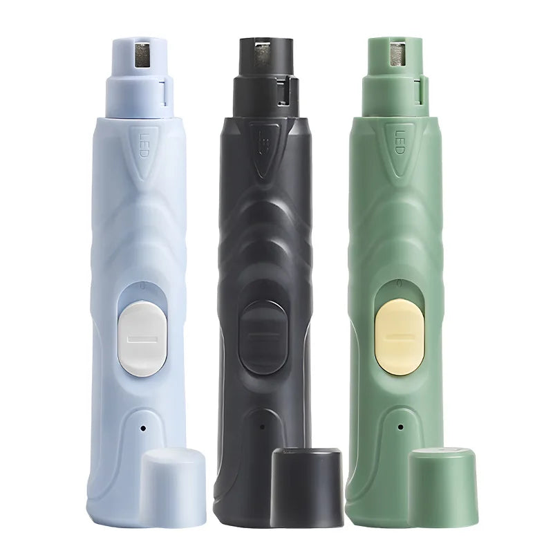 Trois ponceuses électriques pour griffes d'animaux (chiens et chats) dans les couleurs bleu clair, noir et vert.