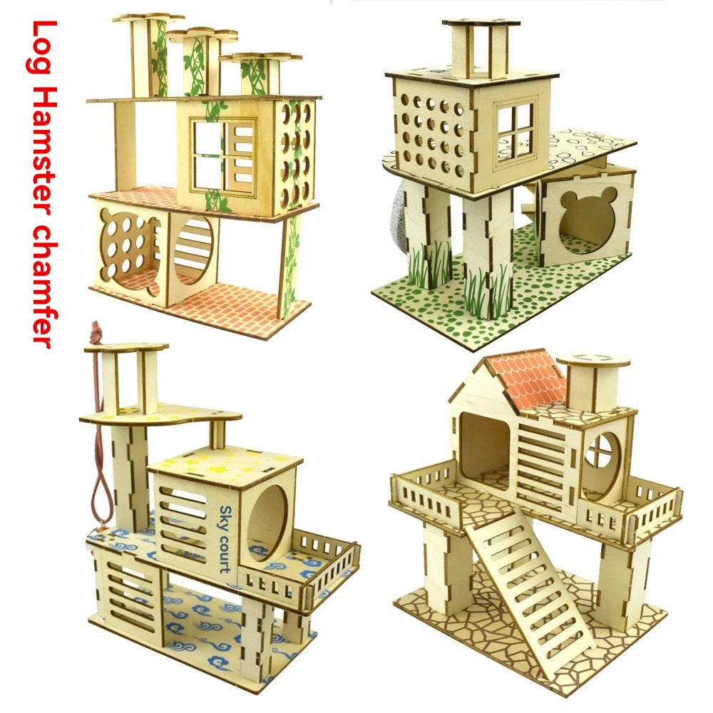 A wooden hamster chamber set featuring a multi-level structure with platforms, a ladder, and a nest.
