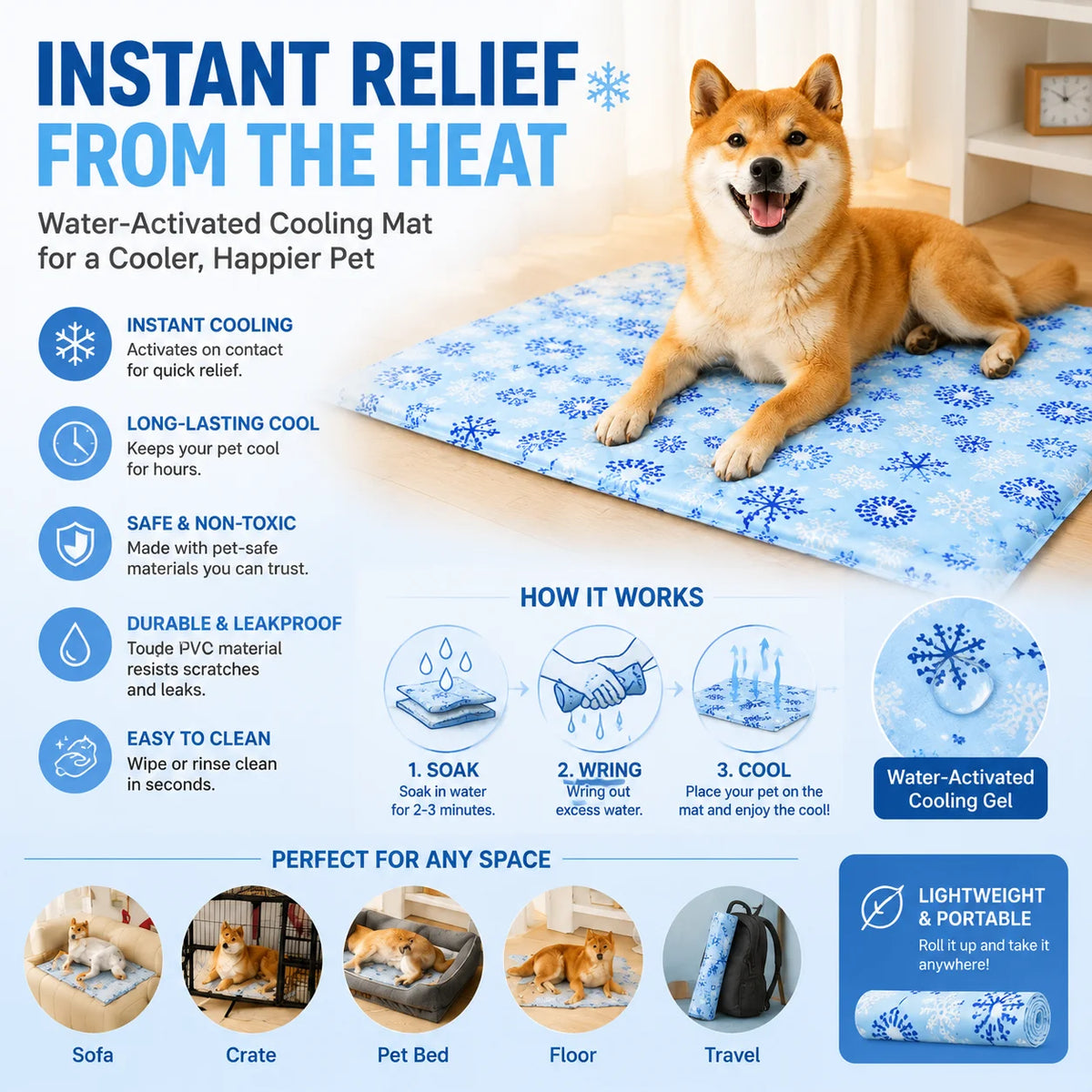 A golden dog lies on a blue snowflake patterned cooling mat, demonstrating instant relief from the heat.