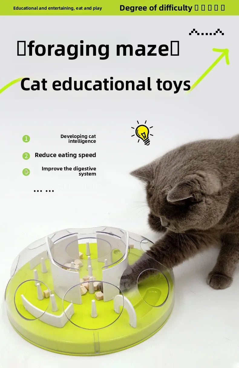 A gray cat is interacting with a green puzzle maze bowl designed for cat educational toys.