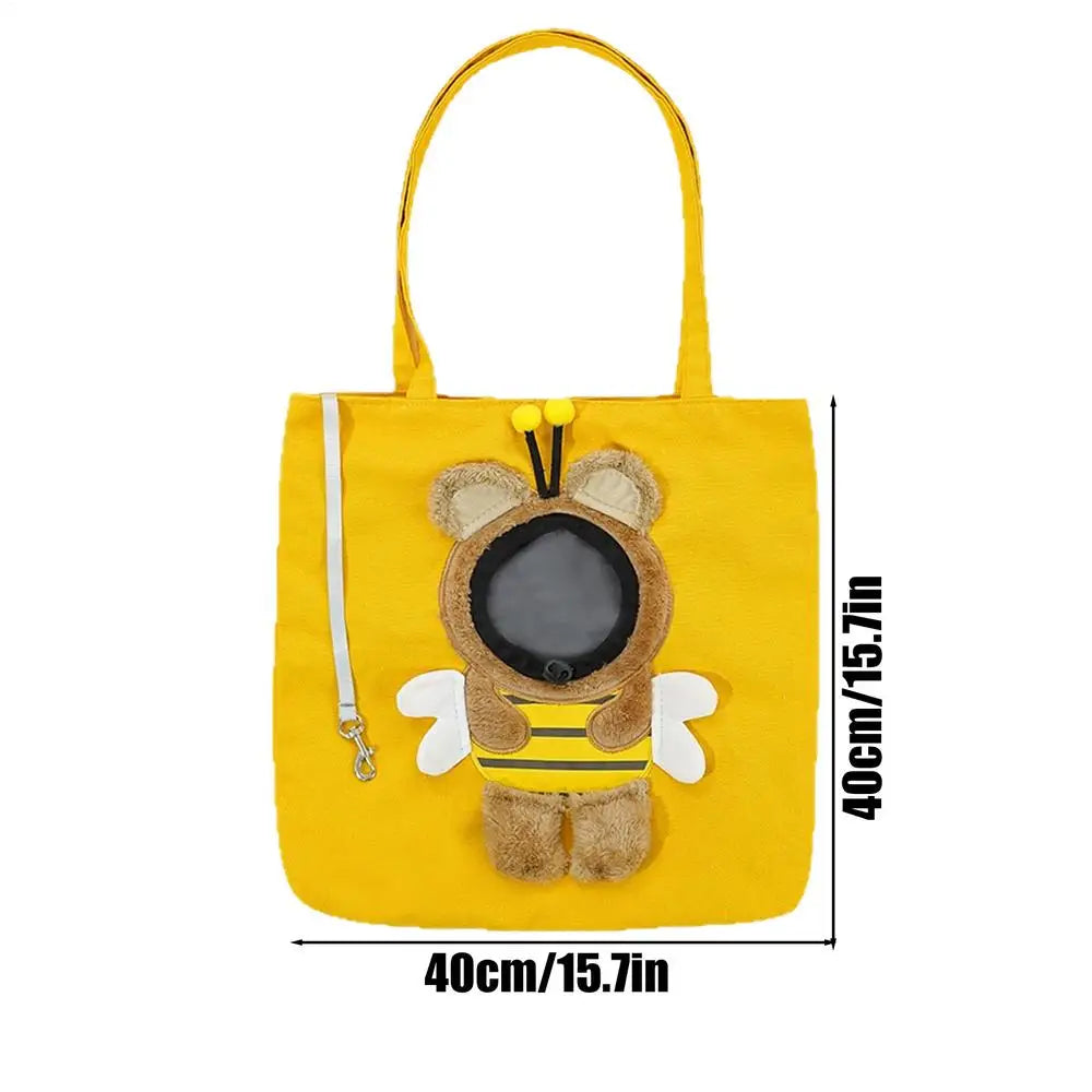 Yellow canvas pet carrier bag with an open head design featuring a cute bear pattern for small dogs and cats