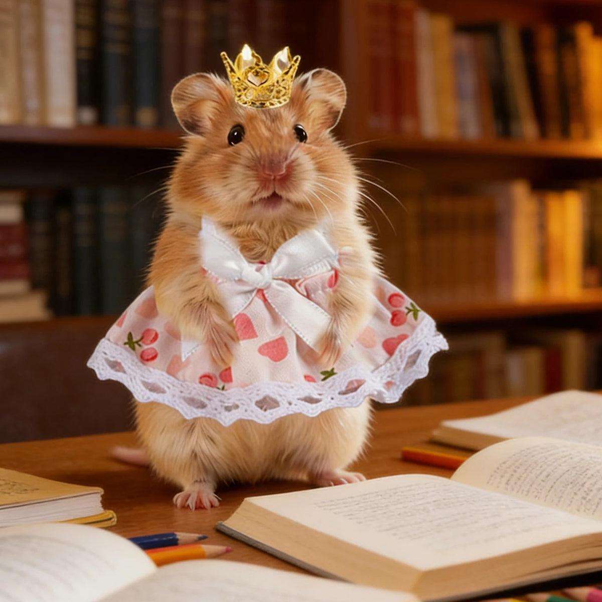 Flauschiger brauner Hamster mit goldener Krone und rosa Spitzenkleid sitzt auf einem Holztablett umgeben von Büchern.