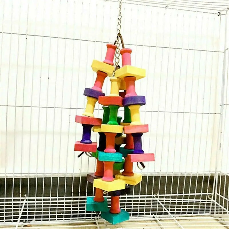 Juguete Mordedor de Madera Natural para Loros con Bloques Coloridos