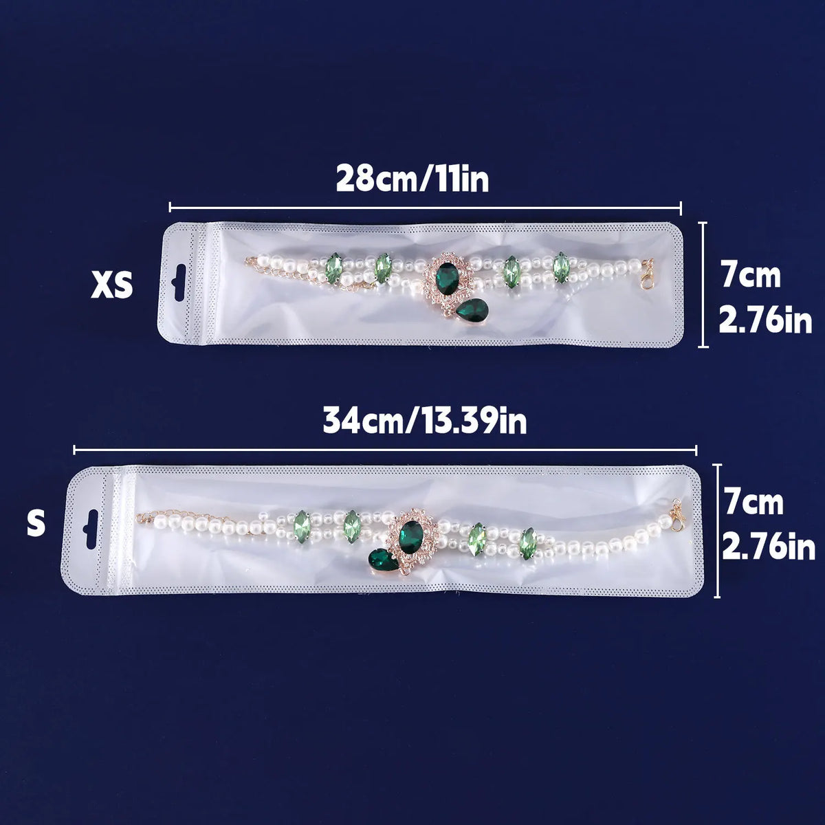 A comparison of an XS and S size crystal gemstone pearl collar for pets, showing the difference in length.