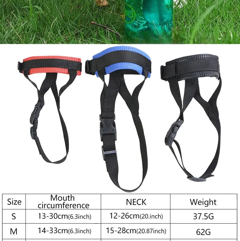 Three adjustable black dog muzzles in sizes S and M with various colored straps for training