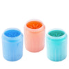 Three plastic cups for washing pets with soft silicone bristles in blue, pink, and teal colors