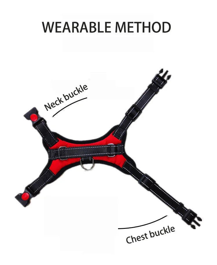 A black and red breathable nylon dog harness showing the neck buckle and chest buckle attachment points.