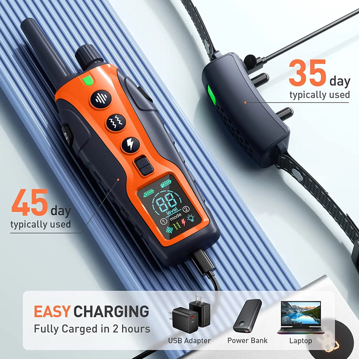 Orange remote dog training collar with a black power bank and USB adapter shown on a blue striped background.